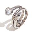Anello aperto argento a doppio strato con cristallo bianco a forma di cuore minimalista - US 6