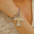 Punk style silver Cuban chain bracelet with mixed metal double cross charm and T-bar clasp - Silver Bracelet (Two-tone Cross 4739)
