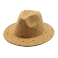 Cappello Fedora kaki con strass dorati, stile jazz classico con tesa larga ed elegante - Cammello