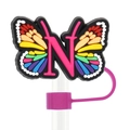 Rainbow butterfly straw cover with letter N, 10mm silicone dust cap for tumblers - Letter N