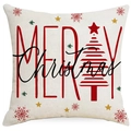 Funda de cojín navideño de lino con texto rojo Merry Christmas y copos de nieve - 45cmx45cm / Estilo Letras Merry Christmas