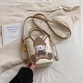 Mini beige bucket bag with bear print and cute 3D bunny, crossbody phone purse style - Khaki