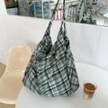 Grande borsa tote a scacchi verde e bianca, borsa a spalla casual con doppi manici - Griglia Verde Nera