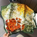 Green floral silk-like square scarf with poppy and daisy print on leather bench - 70*70cm / 31105-Green Poppy Daisy