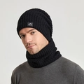 Men's black fleece-lined knit beanie and neck warmer set with sporty mountain patch - Black