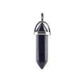 Macro shot of dark blue hexagonal crystal pendant with a sleek silver metal clasp - Blue Sandstone