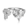 Adjustable S925 sterling silver ring with cubic zirconia letter P and heart design - Silver Letter P