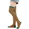 Women's over-knee socks featuring vibrant green and orange horizontal stripes - Pine Green & Orange Thin Stripes