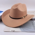 Classic brown felt cowboy hat with black leather band and gold buckle on a magazine - Long Buckle / Khaki