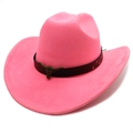 Detail of pink western cowboy hat with a black leather belt and bronze bull head buckle - M (56-58cm) / Fluorescent Pink