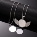 Detail showing silver wing pendant with rhinestones and sublimation blanks on black base - X459-9 Silver Round Wing (Twist Chain)