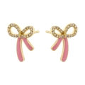 Elegant gold bow earrings with pink enamel and sparkling white cubic zirconia crystals - 1 Pair / Pink