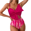 Zweiteiliger fuchsiafarbener Bikini mit großer Schleife und bunter High-Waist-Hose - S / Rosa vertikale Streifen