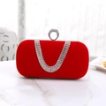 Bolso de noche de terciopelo rojo con asa de diamantes en forma de U y cadena de plata fina - Rojo