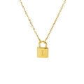 Polished gold padlock pendant necklace with engraved letter I on a dainty steel chain - Letter I