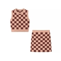 Completo due pezzi in maglia da donna con canotta e gonna a scacchi marrone e rosa - Taglia unica / Rosa e Marrone a Scacchi