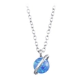 Close-up of silver planet necklace with sparkling blue opal stone and orbital ring - Silver-Blue Flake Opal