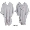 Light grey knitted hooded poncho with rustic wooden buttons and bohemian fringe tassels - Light Gray / 85*190cm