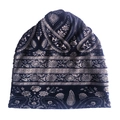 Detailed view of dark blue paisley pattern on soft knit cotton beanies for women - Big Paisley Teal
