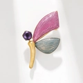 Libellen-Brosche in Gold mit rosa-blauen Emaille-Flügeln und einer lila Perle - Rosa Blau Farbverlauf Libelle-Schwarze Süßwasserperle