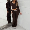 Women's dark brown Y2K two-piece set with long sleeve crop top and flared pants - S / Brown