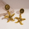Detailed close-up of vintage golden starfish earrings with geometric textured finish - Gold