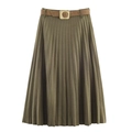 Jupe midi plissée vert olive élégante avec une ceinture marron tendance pour femmes - Vert olive