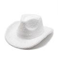 Close-up of white faux fur cowboy hat showcasing fluffy texture and curved brim detail - M (56-58cm) / White
