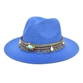 Royal blue straw bohemian jazz hat with turquoise beads and fringe tassels decoration - Sapphire Blue