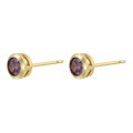 Detail of 18K gold plated studs with bezel-set round purple crystals and hollow design - 1 Pair / Gold Purple Zirconia