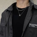 Close-up of a double-layered silver OT buckle necklace with a ring pendant on a model - Double Layer Circle Necklace