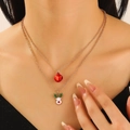 Double-layered gold Christmas necklace with a red bell and colorful reindeer charms - Christmas Reindeer (N-1118) / Gold