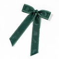Detail of dark green satin bow hair clip with organza ruffle edges and long ribbons - Dark Green