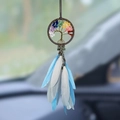 Car dreamcatcher pendant featuring a tree of life design with rainbow stones and blue feathers - 7-Color Crystal - Blue White