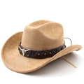 Close-up of khaki western cowboy hat featuring silver bull head stud and leather band - M (56-58cm) / Khaki