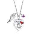 Silver heart urn necklace with purple gemstone and cardinal bird engraved pendant - June/Purple