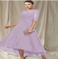 Lavender lace evening dress with elegant high-low chiffon skirt and half sleeves - L(US 12) / Bottoms / Lavender