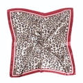 Classic leopard print satin square scarf with red border on white background - Wine Red Leopard