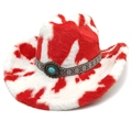Détail d'un chapeau de cow-boy en peluche à motif vache rouge et blanc avec bande ethnique - M (56-58cm) / Couronne Droite Rouge