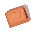 Caramel brown pebbled leather wallet with stitched heart pattern and golden logo text - Orange