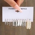 5610102-Silver 6 Pairs-Pearl Geometric Earring Set