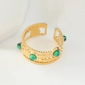 Anillo retro hueco de acero dorado con piedras verdes malaquita y diseño abierto - Una Fila Piedra Verde
