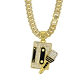 Hip hop gold plated Cuban link necklace with cassette tape and microphone iced out pendants - Gold Pendant + 50CM Cuban Chain / 13mm