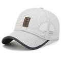 White breathable mesh baseball cap with gray brim edge and leather patch detail - Adjustable / Light Beige