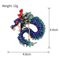 Blue and teal enamel dragon brooch with red accents on a golden alloy base - Blue-Green/Red Horns