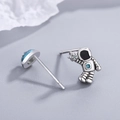 Cute asymmetric astronaut and blue planet stud earrings with shiny zircon accents - Asymmetric Astronaut Planet Style / White Gold with Blue