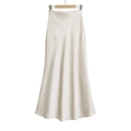 Detail of high-waist maxi skirt featuring glossy cream satin fabric and silky texture - L / Apricot Maxi