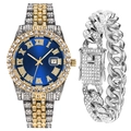 Close-up of hip hop jewelry set with crystal-studded watch and iced out Cuban bracelet - Blue Watch + Silver Bracelet