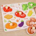 Wooden vegetable peg puzzle for toddlers featuring colorful shapes with easy-grip handles - Vegetable Square Peg Puzzle