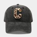 Vintage washed charcoal baseball cap with leopard print letter C patch embroidery - Adjustable / Letter C Style